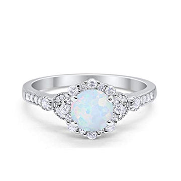 Floral Art Deco Engagement Ring Lab White Opal 925 Sterling Silver
